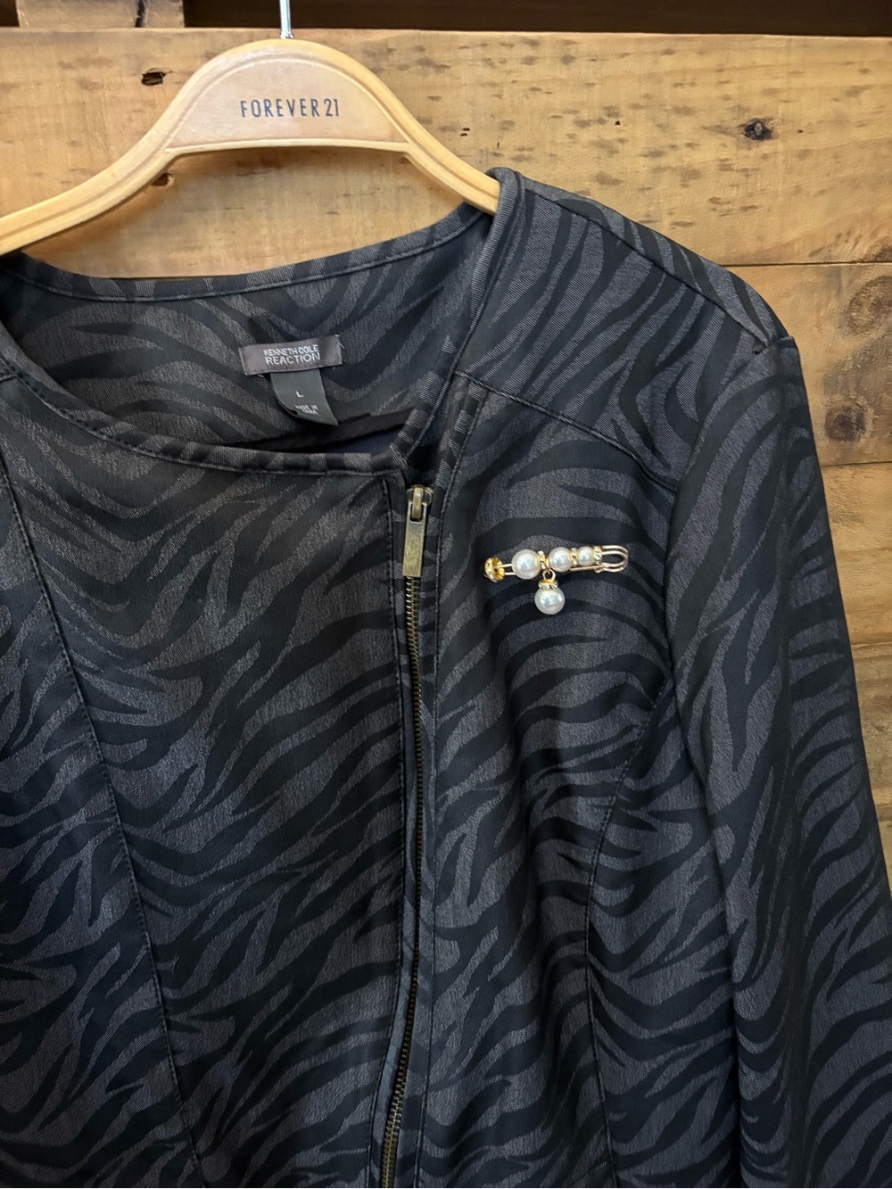 Kenneth Cole Reaction Black and Charcoal Zebra-Print Zip Jacket